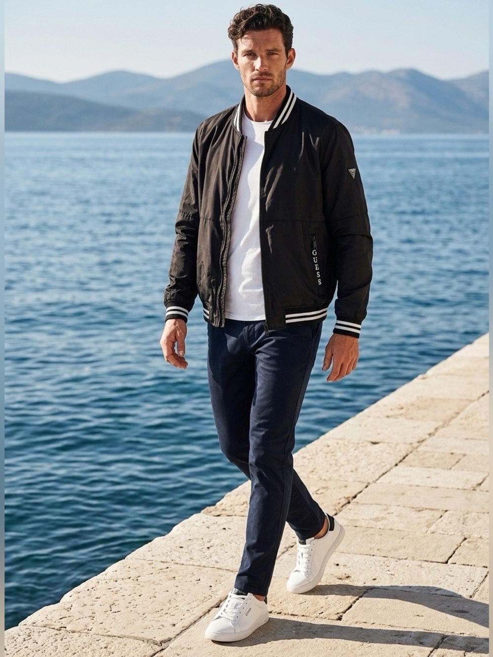 Guess Black Nylon Bomber Jacket with White Striped Ribbing